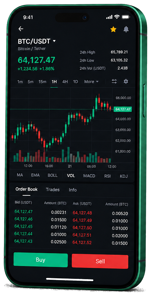 Mobile view of Kenya Growth AI trading platform — live BTC/USDT graph, order book, and trading controls